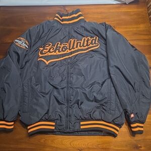 Y2K Ecko Unltd Jacket Mens XL Black /Orange Full Zip Puffer Bomber Varsity